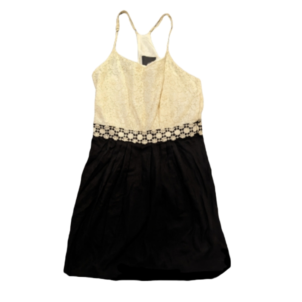 Imported Lace Pattern Mini Dress in Cream and Black, Size Small